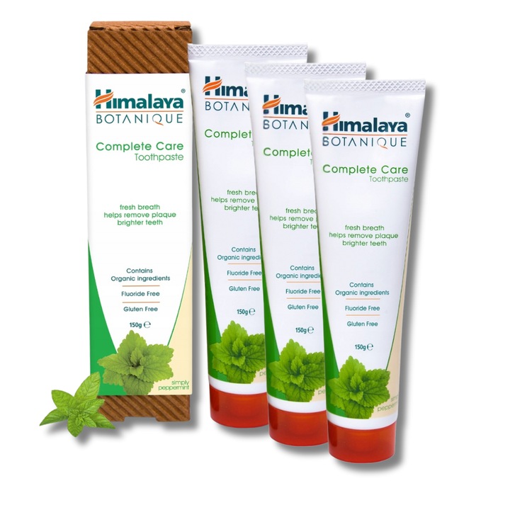 Пакет 3x Паста за зъби, Himalaya, Botanique Complete Care, Вкус: Мента, Без флуор и глутен, Съдържа органични съставки, Помага за премахване на зъбна плака, 3x150гр