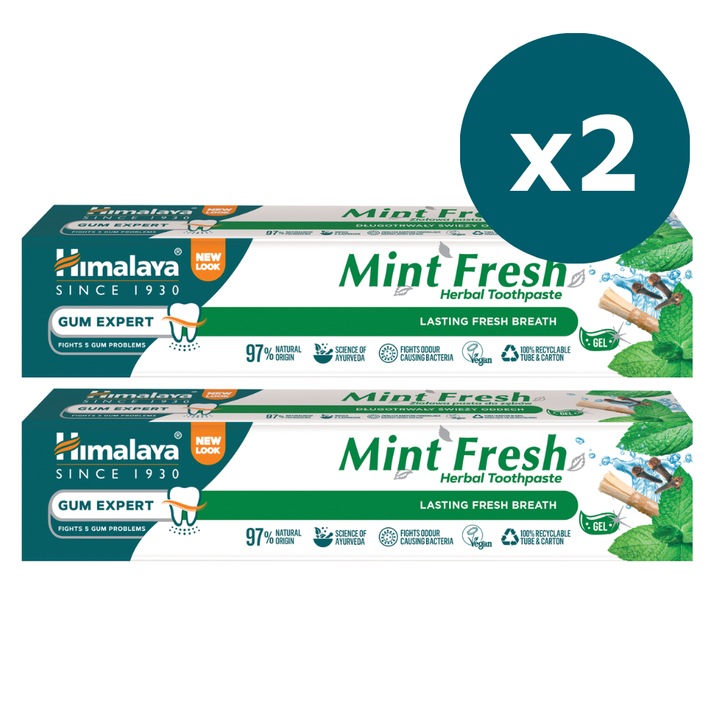 Pasta de dinti gel, Himalaya, Pachet 2x, Mint Fresh, menta, marar indian, Miswak, prospetime 12h, respiratie proaspata, fara fluor, protectie antibacteriana, 2x75ml