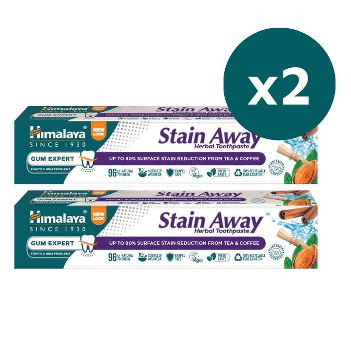 Pachet 2x Pasta De Dinti, Himalaya, Gum Expert Stain Away, Pe Baza De Plante, Indeparteaza Delicat Petele De Pe Dinti De La Cafea Ceai Si Fumat, Enzime Naturale Din Papaya Si Ananas, Fara Fluor, Curata Bland Si Ofera Respiratie Proaspata, 2x75ml