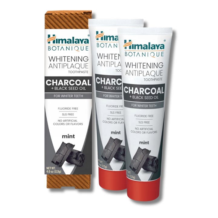 Пакет 2x Паста за зъби Himalaya Botanique, избелваща, активен въглен, масло от черен кимион, 2x113g