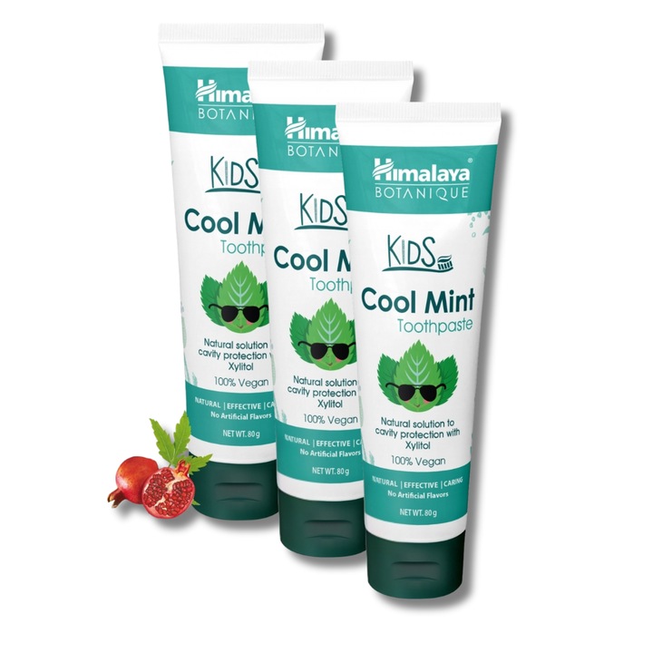 Пакет 3х Паста За Зъби За Деца, Himalaya, Kids Cool Mint Toothpaste, Натурална И Деликатна Формула, Предпазва От Кариеси, Нежно Почиства Емайла, Приятен Аромат На Мента, Веган, Без Флуор И Оцветители, 3х80гр, Мента