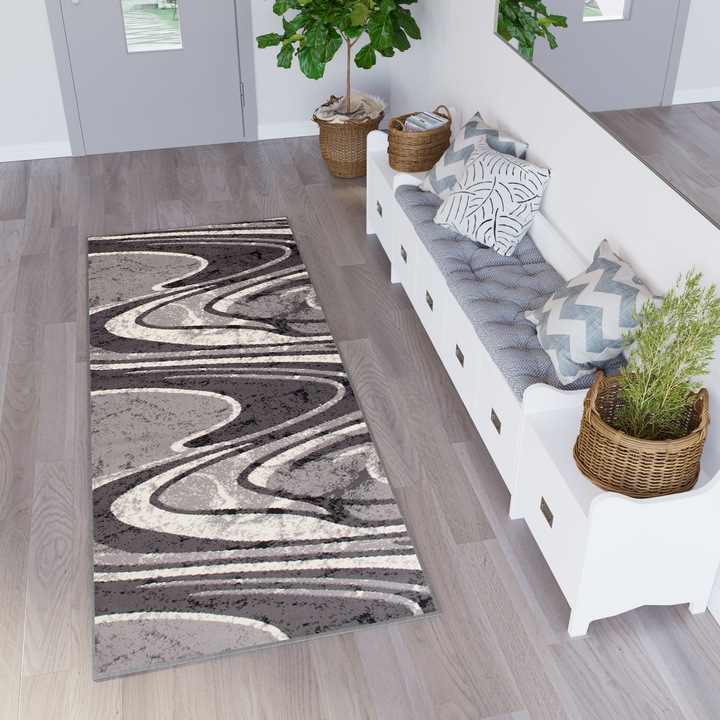 Covor, Tapiso, Cheap CHO, 70 x 500 cm, Gri/Crem, Inaltime Fir 8 mm, OEKO-TEX, Pentru Living, Dormitor, Hol, Rezistent La UV, Rezistent La Pete, Lavabil, Usor de curatat, Rezistent La Intemperii, Impermeabil