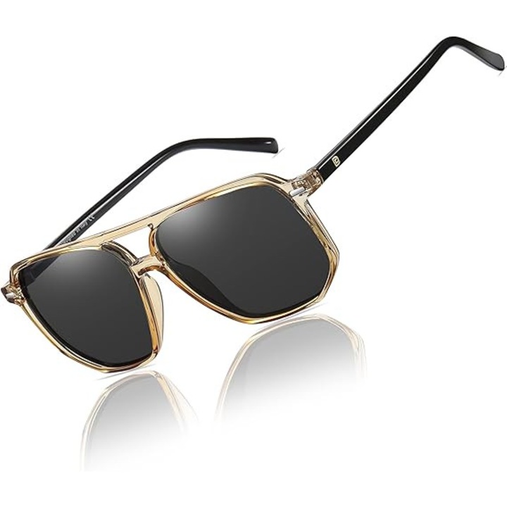 Ochelari de soare unisex DUCO DC3001, rama aurie transparenta patrata TR90, lentile gri polarizate UV400