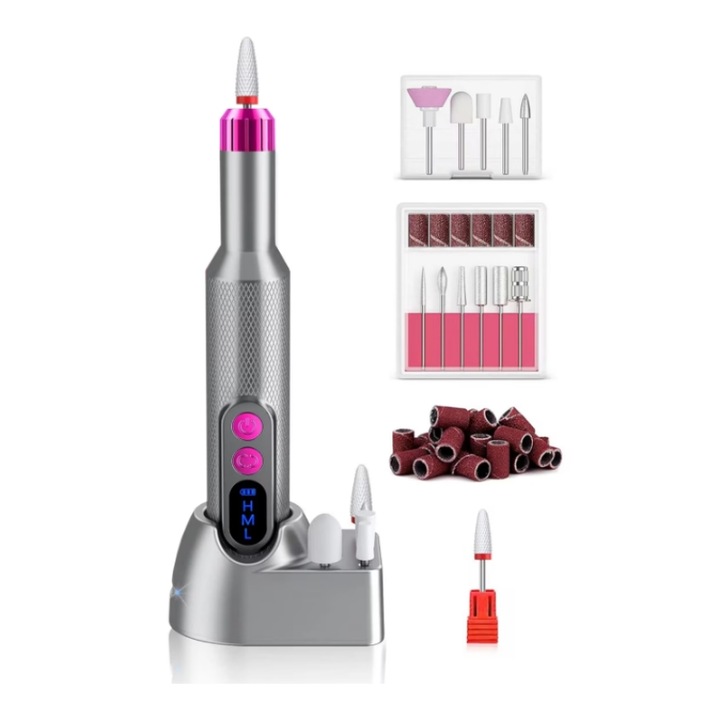 Freza Unghii Electrica Wireless, Portabila, Pila Electrica Reincarcabila, Set Complet de Ingrijire pentru Manichiura si Pedichiura Profesionala, Cuticule sau Calcaie, 18000 RPM, 12 Capete Detasabile, 36 Benzi Abrazive, Design Ergonomic, Gri metalizat