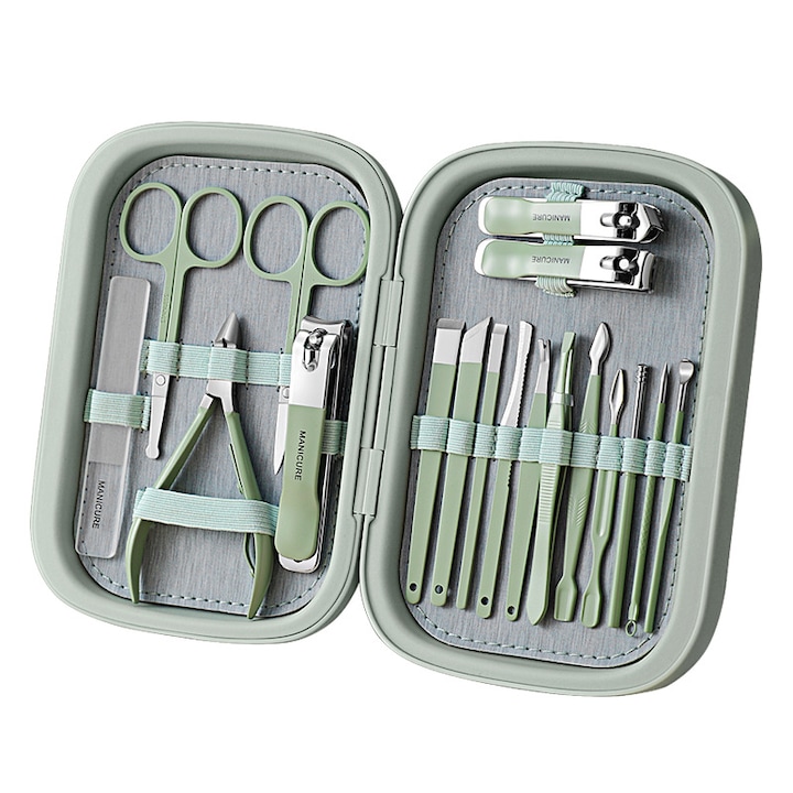 Set truse manichiura si pedichiura, 18 in 1, verde, portabil, cu lame ascutite