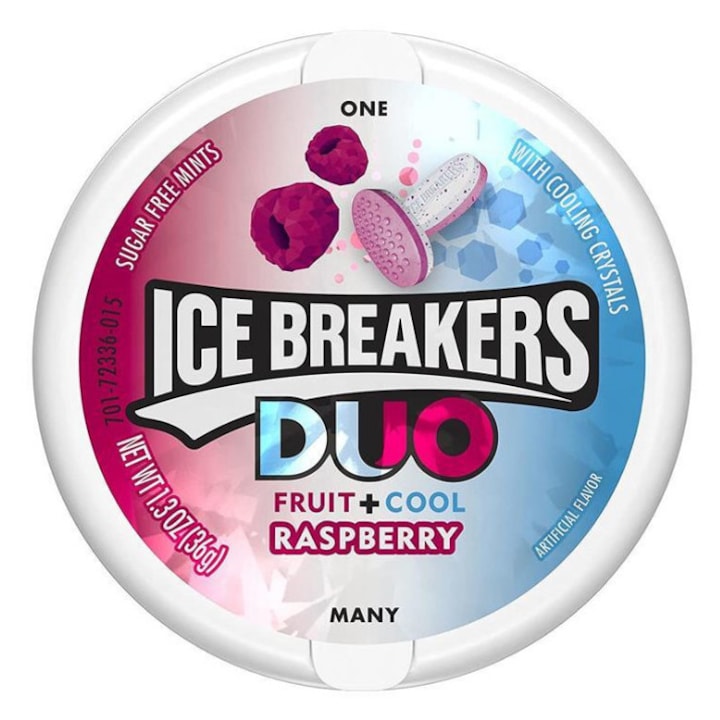 Bomboane Icebreaker Mentosane ICE BREAKERS DUO cu zmeură, 36 g, fără zahăr, cutie portabilă