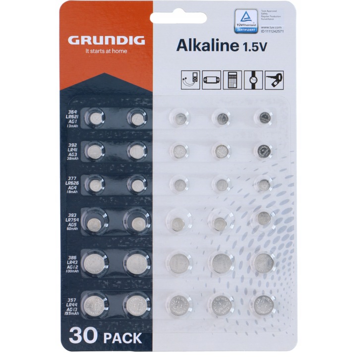 Set baterii buton Alcaline 1.5V, Grundig, 30 buc, 5 dimensiuni