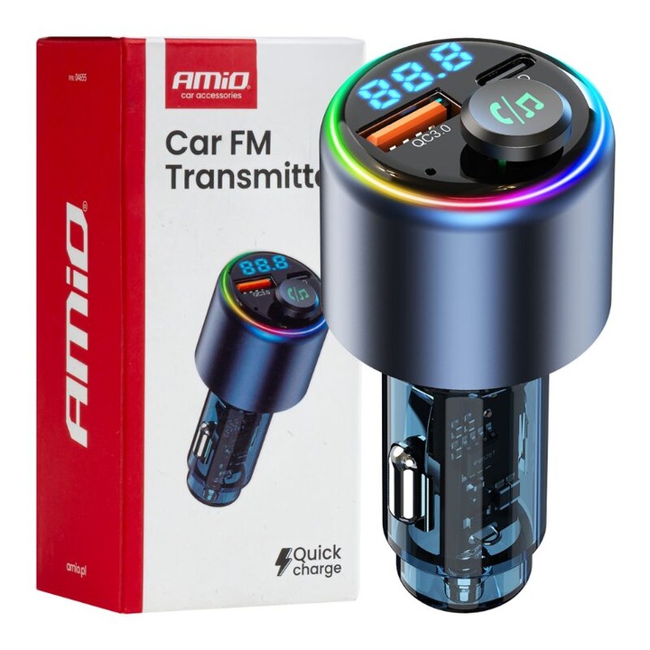 Transmitator FM MP3, Amio, 2 porturi USB, Bluetooth, multicolor, 12V-24V
