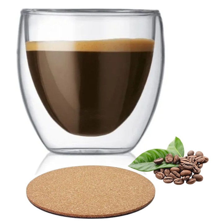 Cana cafea cu perete dublu, 250 ml din sticla termorezistenta transparenta, ceasca sticla pentru cafea, cappuccino, cafe latte, ice coffe, Ideas4Comfort, pahar sticla borosilicata premium, include 1 suport din pluta pentru pahar