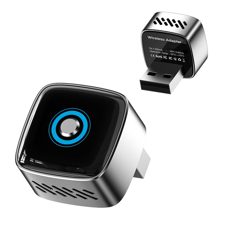 Adaptor Auto Wireless 2-in-1 Modern Prime CarPlay & Android Auto, pentru masini cu CarPlay cu fir din fabrica, Bluetooth 5.3, Wi-Fi 5.8 GHz, Plug & Play, Universal cu buton de resetare, Gri