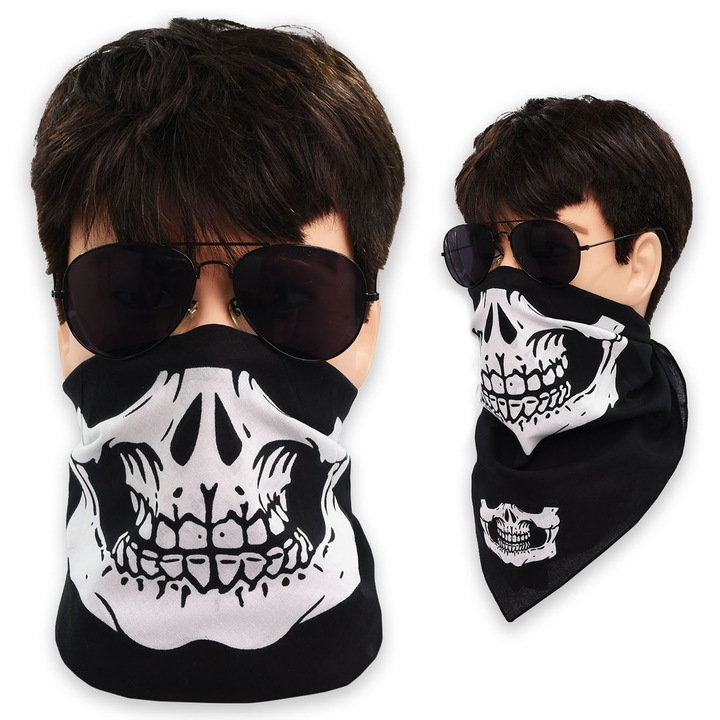 Bandana bumbac Pako negru cu cranii, unisex, 53x53cm