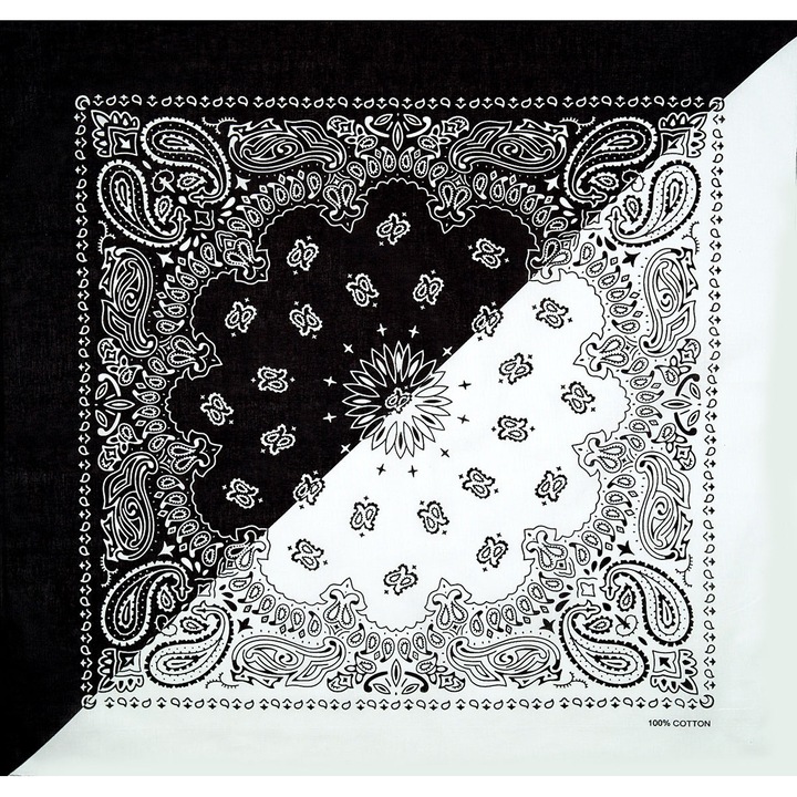 Bandana Pako Paisley Alb-Negru, Bumbac, 53x53 cm