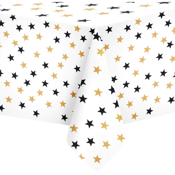 Fata de masa PARTYPAL, alb cu stele aurii si negre, 137x274cm