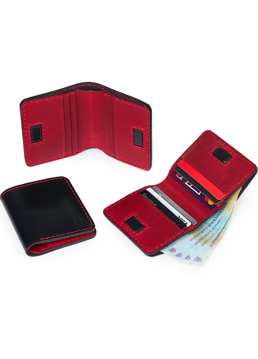 Portofel Barbati din Piele Naturala ElyK, Model Odin, Lucrat Manual, Design Slim Bifold, Minimalist, Compartiment Carduri si Bancnote, Negru cu rosu