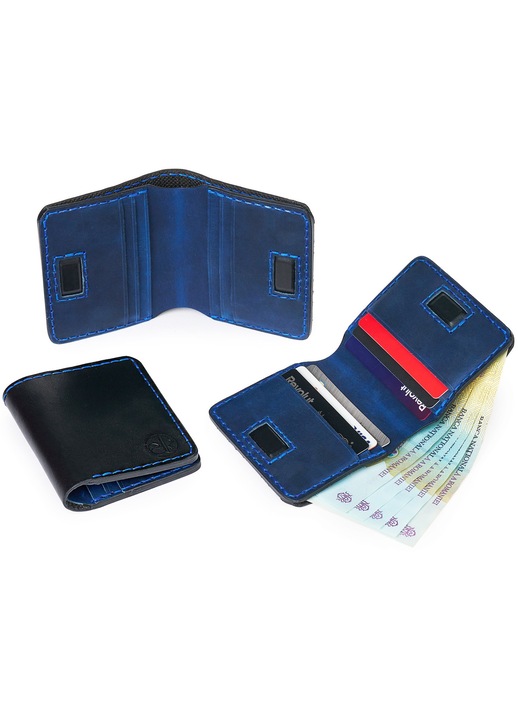 Portofel Barbati din Piele Naturala ElyK, Model Odin, Lucrat Manual, Design Slim Bifold, Minimalist, Compartiment Carduri si Bancnote, Negru cu albastru