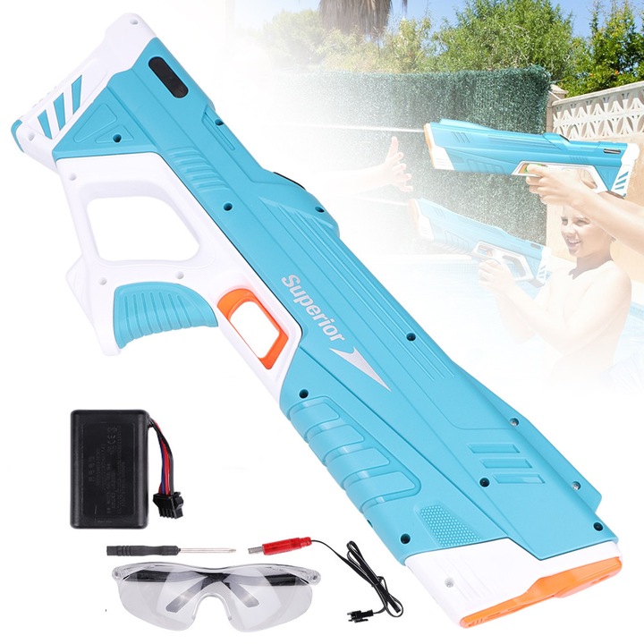 Pistol cu apa electric, Bedee, 12m raza, Functionare electrica continua, absorbtie automata a apei in 10 secunde, 280ml capacitate, cu Ochelari de protectie, jucarie pentru copii si adulti, Albastru