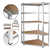 Raft Metalic de Colt Depozitare Vivendo®, 5 Polite MDF, 180x90x40cm, 175 kg/Polita, Montaj Fara Surub (Clipsare), Cadrul Metalic Argintiu, Polite Maro