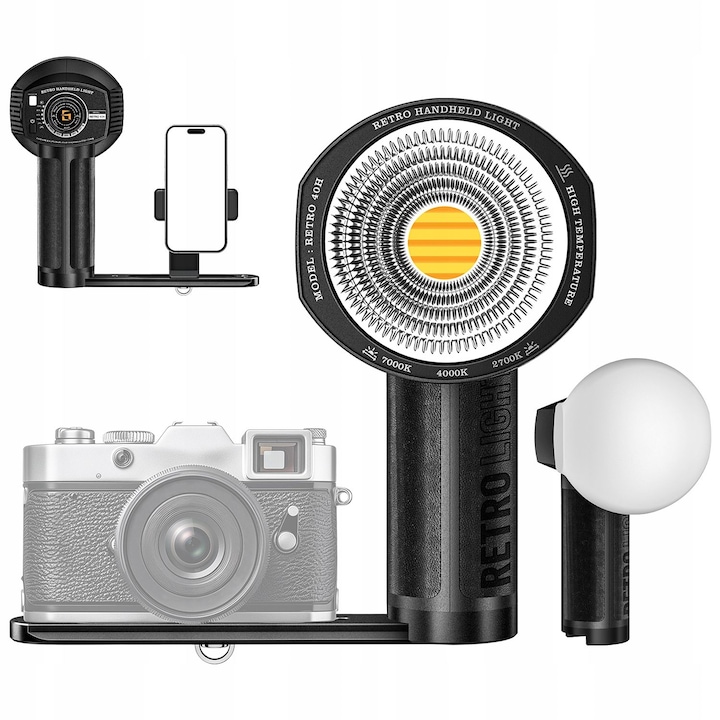 Lampa de mana LED, Lensgo, 40h, retro, 40W, bicolora 2700-7000K, cu reglare a luminozitatii 0-100%, cu 8 efecte de iluminare, cu baterie incorporata de 2600mAh, cu alimentare DC 12V/2A, cu filet de 1/4", cu suport pentru telefon, cu difuzor, cu sina