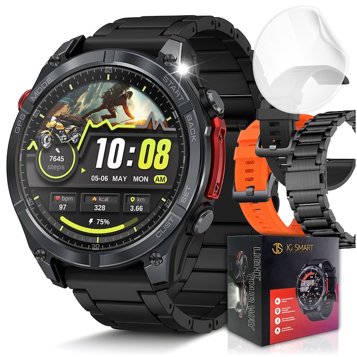 Smartwatch Vertix, JG Smart, negru, 1.43" AMOLED, rezistent la apa 5 ATM + IP69K, 63g, set cu 3 curele