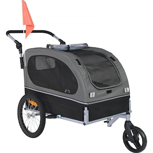 Remorca de bicicleta pentru caini, suport 40KG, functie dubla carucior/transport bicicleta, cadru pliabil, roti cu eliberare rapida, cuplaj universal, reflectoare si steag, culori negru/gri