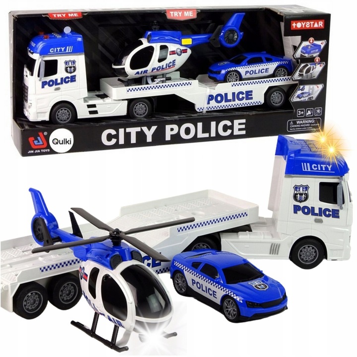 Set Jucărie Poliție, Qulki, camion cu propulsie prin fricțiune, elicopter cu lumini, mașină, multicolor