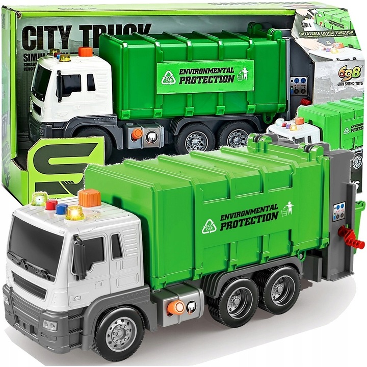 Qulki szemeteskocsi, interaktív, 2 szemeteskukával, fényekkel és hangokkal, 1:16, műanyag