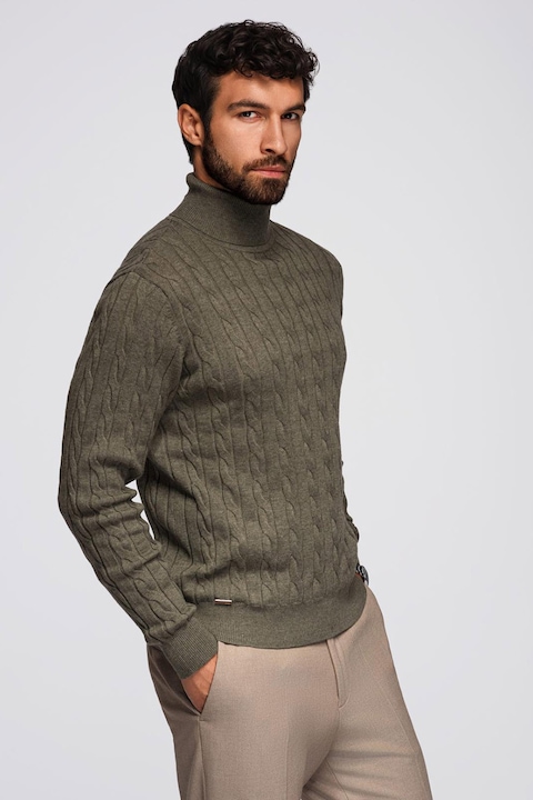 OMBRE, Pulover slim fit cu guler inalt si model torsade, Kaki
