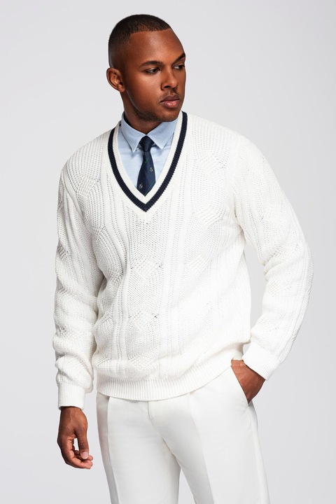 OMBRE, Pulover cu decolteu in V si model torsade, Alb murdar/Bleumarin