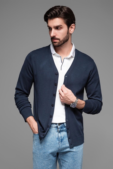 OMBRE, Cardigan cu nasturi si decolteu in V, Bleumarin