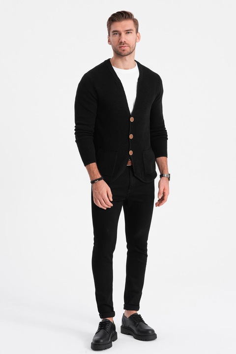 OMBRE, Cardigan cu decolteu in V si buzunare, Negru, XL