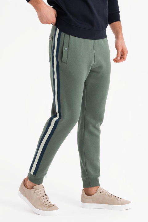 OMBRE, Szűkülő szárú szabadidőnadrág kontrasztos oldalcsíkokkal, Fehér/Tengerészkék/Spárgazöld