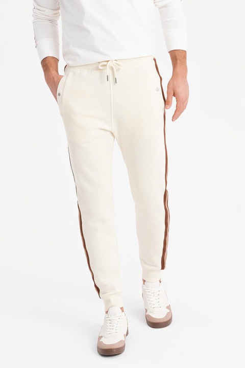 OMBRE, Pantaloni de trening cu croiala conica si segmente laterale contrastante, Maro/Crem