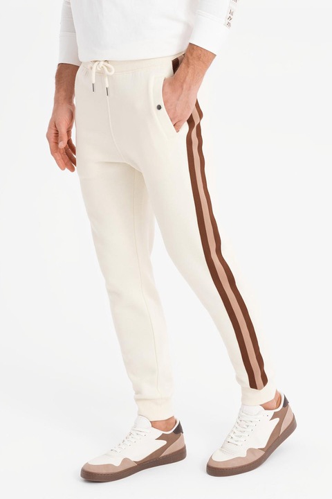 OMBRE, Szűkülő szárú szabadidőnadrág kontrasztos oldalcsíkokkal, Barna/Krémszín