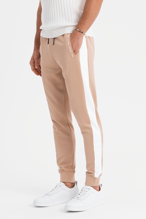 OMBRE, Pantaloni de trening cu segmente laterale contrastante, Alb/Bej