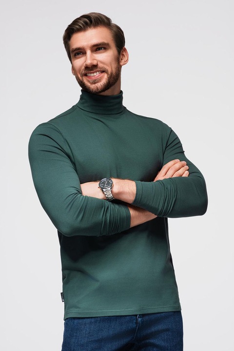 OMBRE, Bluza slim fit cu guler inalt, Verde inchis