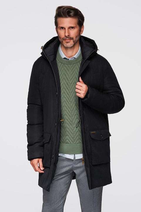 OMBRE, Geaca lunga cu buzunare cu clapa, Negru, S