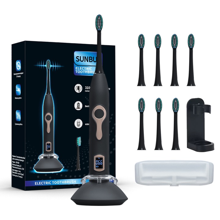 Elektromos szónikus fogkefe, 35.000 rezgés/perc, 3 tisztítási mód (Tisztítás, Fehérítés, Masszázs), 8 kefefej és utazótok mellékelve, modern design, matt fekete szín, 40 perc üzemidő, ideális professzionális szájhigiéniához, fekete