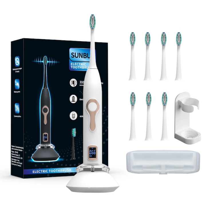 Periuta de dinti sonica electrica, 35.000 vibratii/min, 3 moduri de curatare, 8 capete si etui de calatorie inclus, design modern, culoare alb, functionare silentioasa，curatare profunda