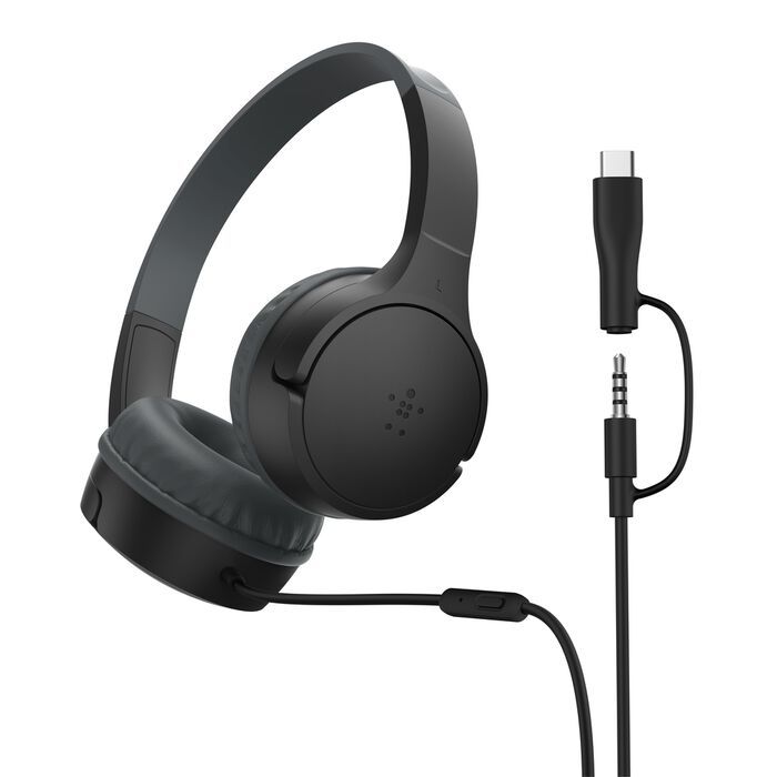 Casti cu fir Belkin SoundForm Mini pentru copii, microfon, USB-C, negru