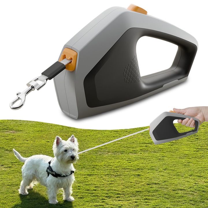 Lesa Retractabila Automata pentru Caini, Brillsten, 5m, Banda Telescopica Automata, Frana cu o Singura Mana, Pauza, Blocare, Pentru Caine Mic Sau Mijlociu, Max 30kg, Durabila si Convenabila, Gri/Negru