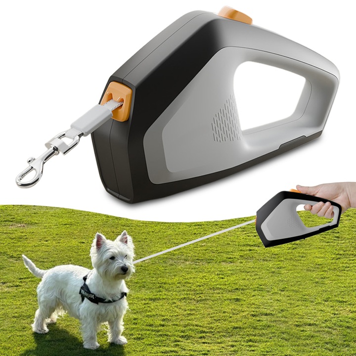 Lesa Automata Retractabila pentru Caini, Brillsten, 5m, Banda Telescopica Automata, Frana cu o Singura Mana, Pauza, Blocare, Pentru Caine Mic Sau Mijlociu, Max 30kg, Durabila si Convenabila, Negru/Gri