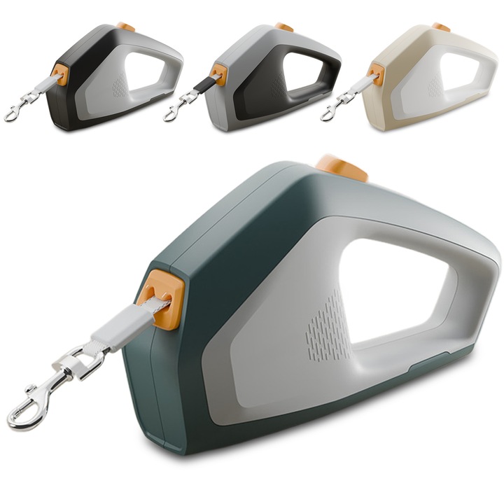 Lesa Automata Retractabila, Brillsten, 5m, Banda Telescopica Automata, Frana cu o Singura Mana, Pauza, Blocare, Pentru Caine Mic Sau Mijlociu, Max 30kg, Durabila si Convenabila, Verde/Gri