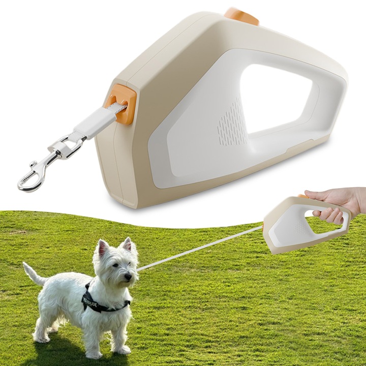 Lesa Automata Retractabila, Brillsten, 5m, Banda Telescopica Automata, Frana cu o Singura Mana, Pauza, Blocare, Pentru Caine Mic Sau Mijlociu, Max 30kg, Durabila si Convenabila, Aproape Alb