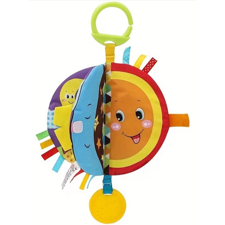 Carte Textilă Senzorială pentru Bebeluși, Kidsbele, cu Inel de Prindere, Jucărie de Dentitie, Multicolor