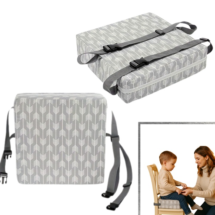 Înalțător pentru scaun copii HASEPE, pernă confortabilă, curele reglabile, 32x32x8 cm, gri/alb