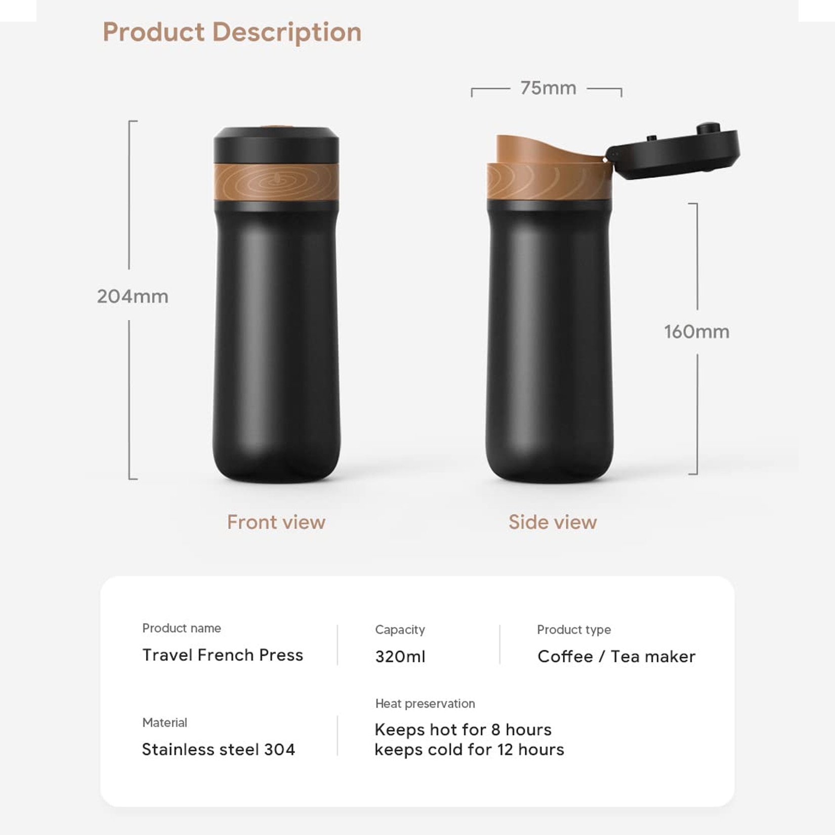 Presa Franceza pentru Cafea Wacorresi®, Portabila, Pourover si Espresso, Mini Aparat De Cafea Cu Functie Termo