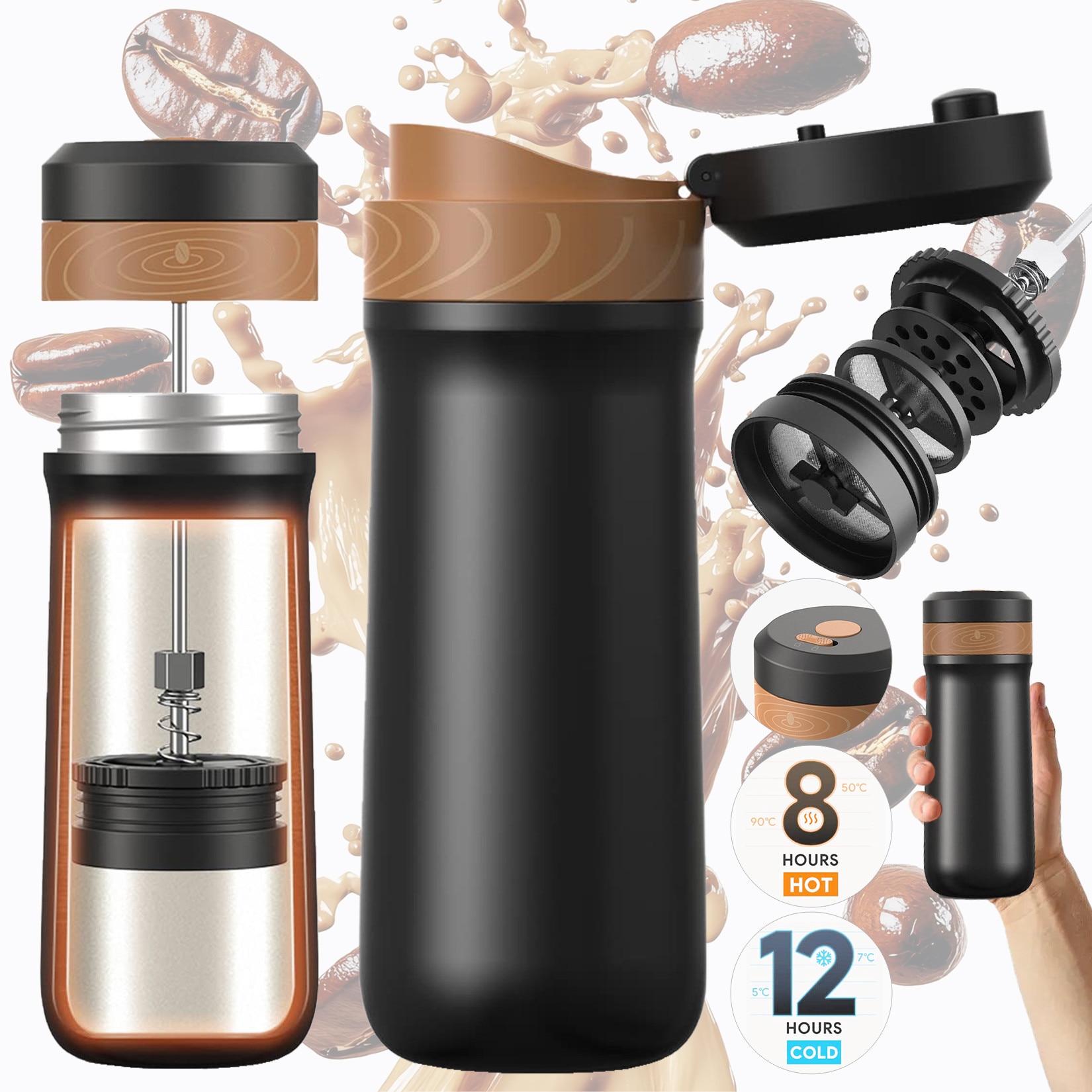Presa Franceza pentru Cafea Wacorresi®, Portabila, Pourover si Espresso, Mini Aparat De Cafea Cu Functie Termo