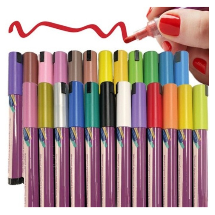 Set 24 markere acrilice, Zola, varf 4 mm, pentru hartie, piatra, sticla, ceramica, lemn, textile, panza, uscare rapida, multicolore