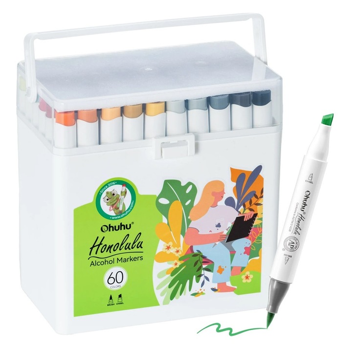 Комплект 60 маркера Ohuhu Honolulu, на алкохолна основа, двойни върхове четка и длето, многоцветни