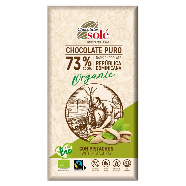 Ciocolata neagra bio cu fistic 73% cacao, 135g Chocolates Sole